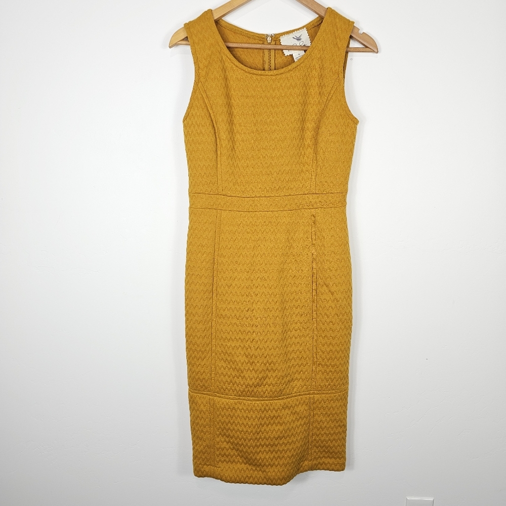 Anthropologie Tabitha Mustard Yellow Quilted Knit Midi Sheath Dress 8